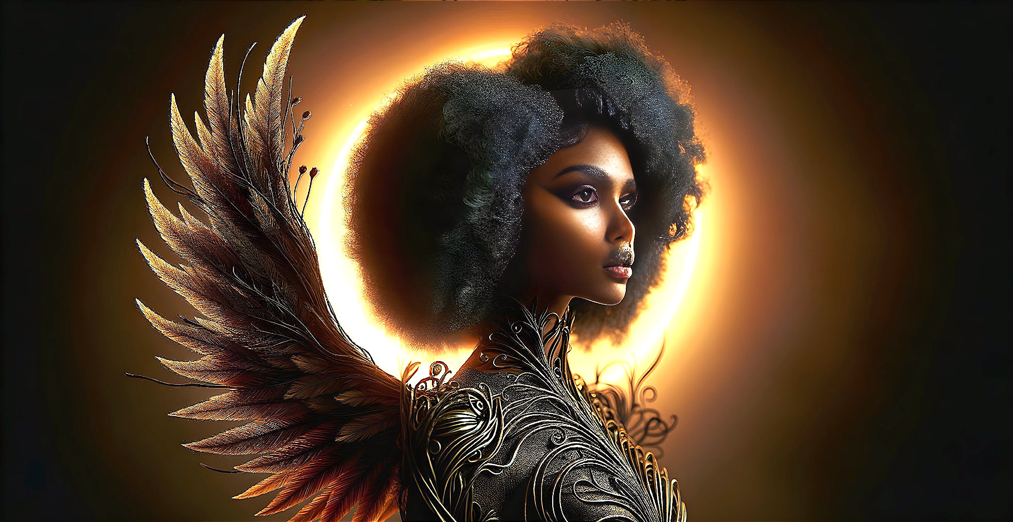 Figure with Afro and Metallic Wings in Radiant Aura