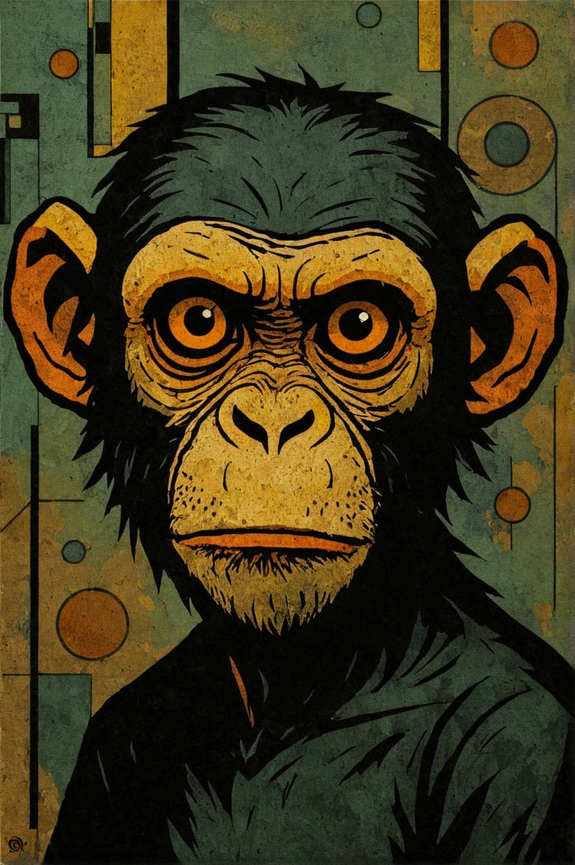 Stylized Chimpanzee with Vibrant Colors and Geometric Shapes