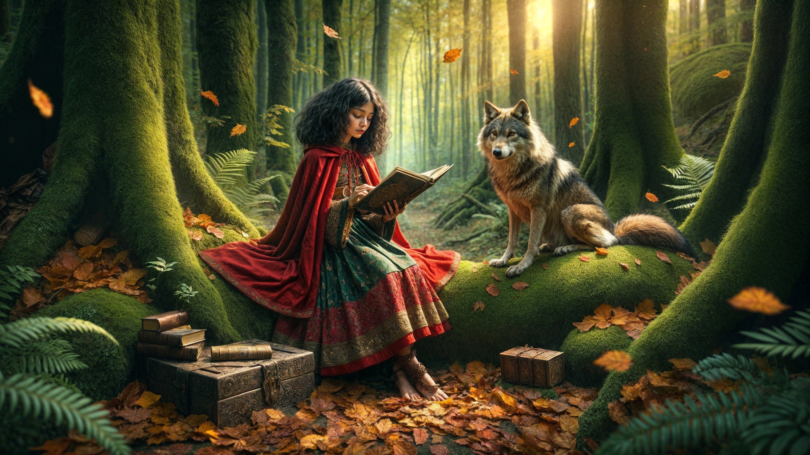 Young girl in red cape reading in a sunlit forest