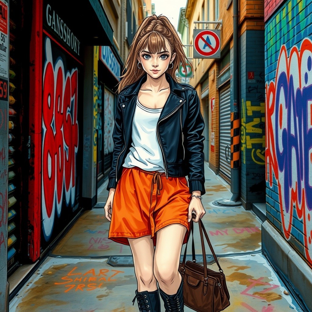 Young Woman in Urban Alleyway with Colorful Graffiti