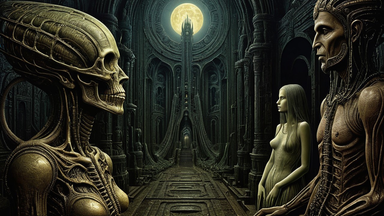 Skeletal Alien and Ethereal Woman in Alien Temple Scene