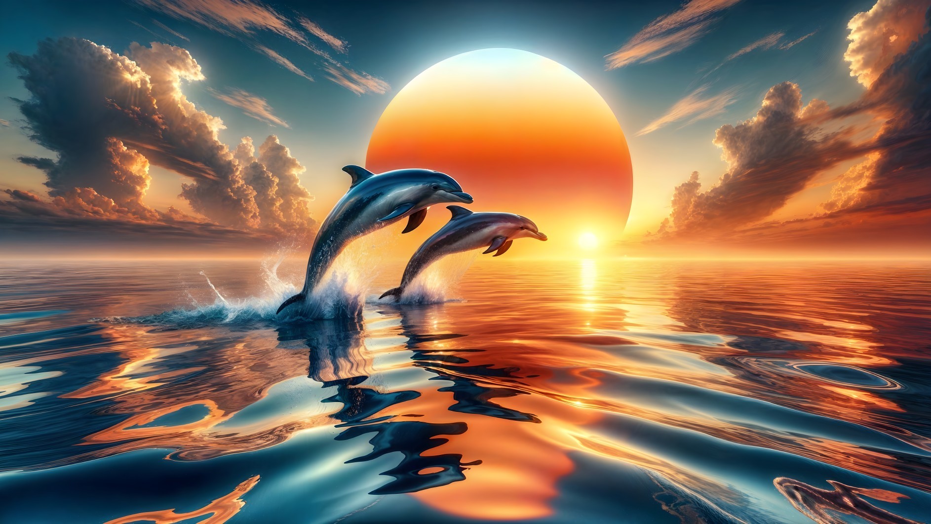 Dolphins Leaping at Sunset Over Vibrant Ocean Waters