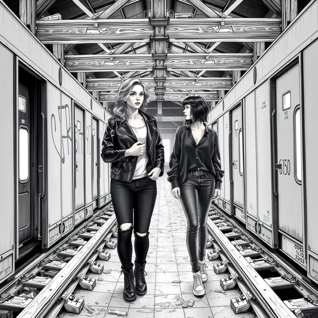 Confident Women in Monochromatic Subway Setting