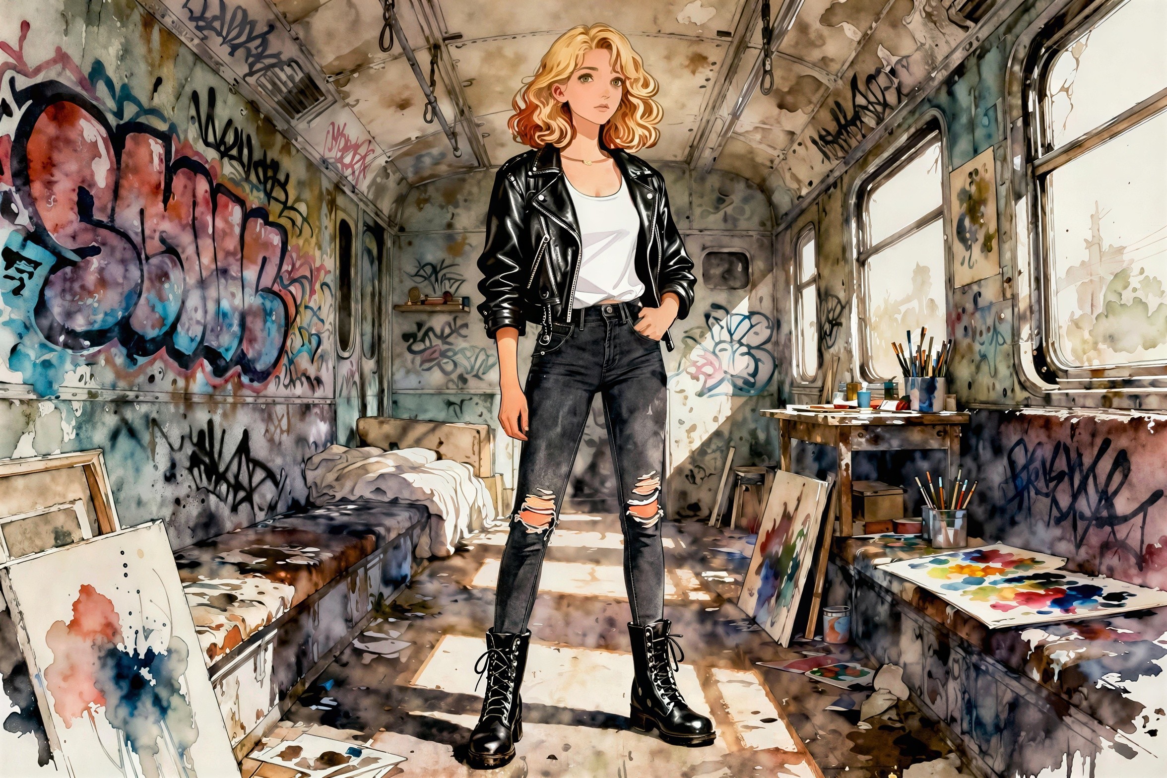 Watercolor painting of a young woman in a subway car