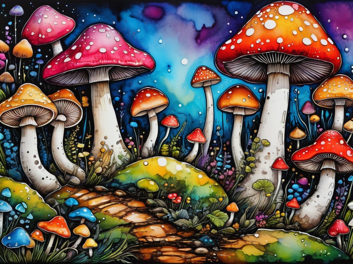 Colorful Mushrooms in a Lush Fantasy Landscape