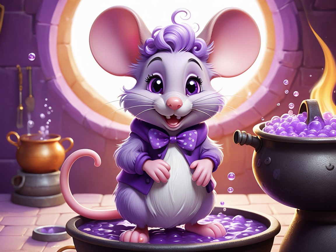 Purple Mouse in Whimsical Kitchen with Bubbles
