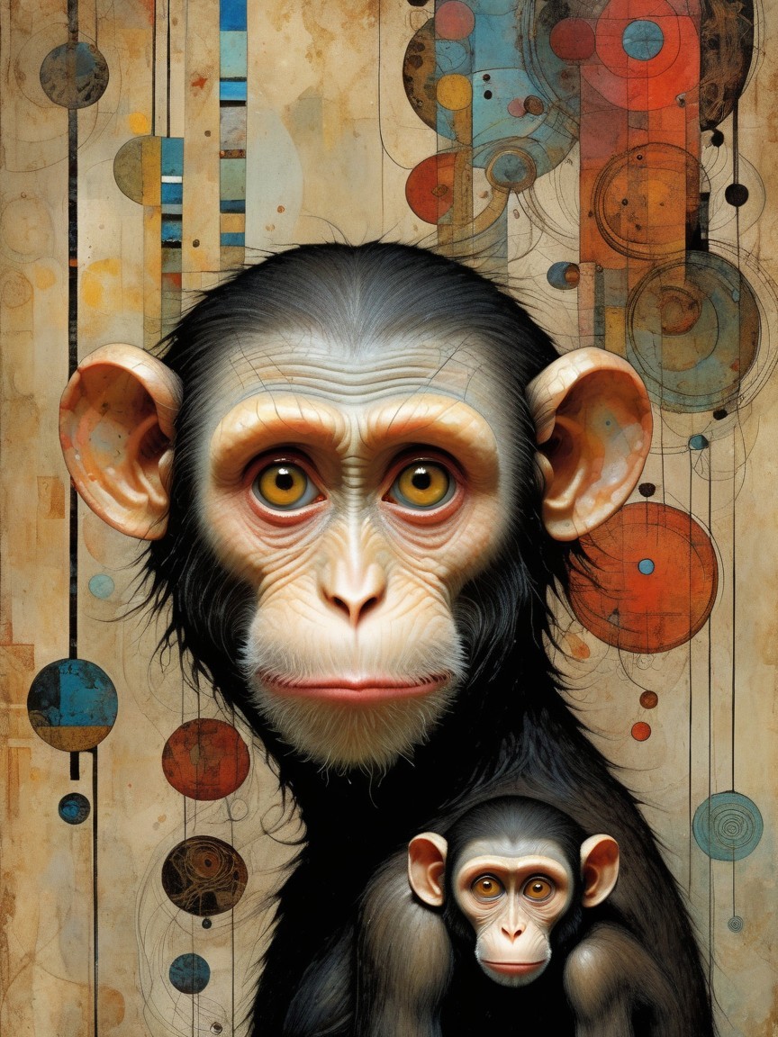 Stylized depiction of two expressive monkeys with fur