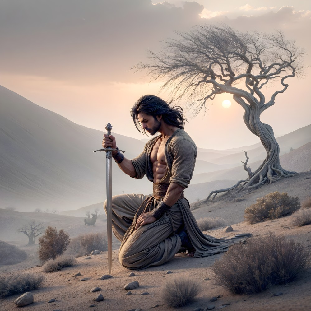 Muscular Warrior in Desert at Sunset with Sword