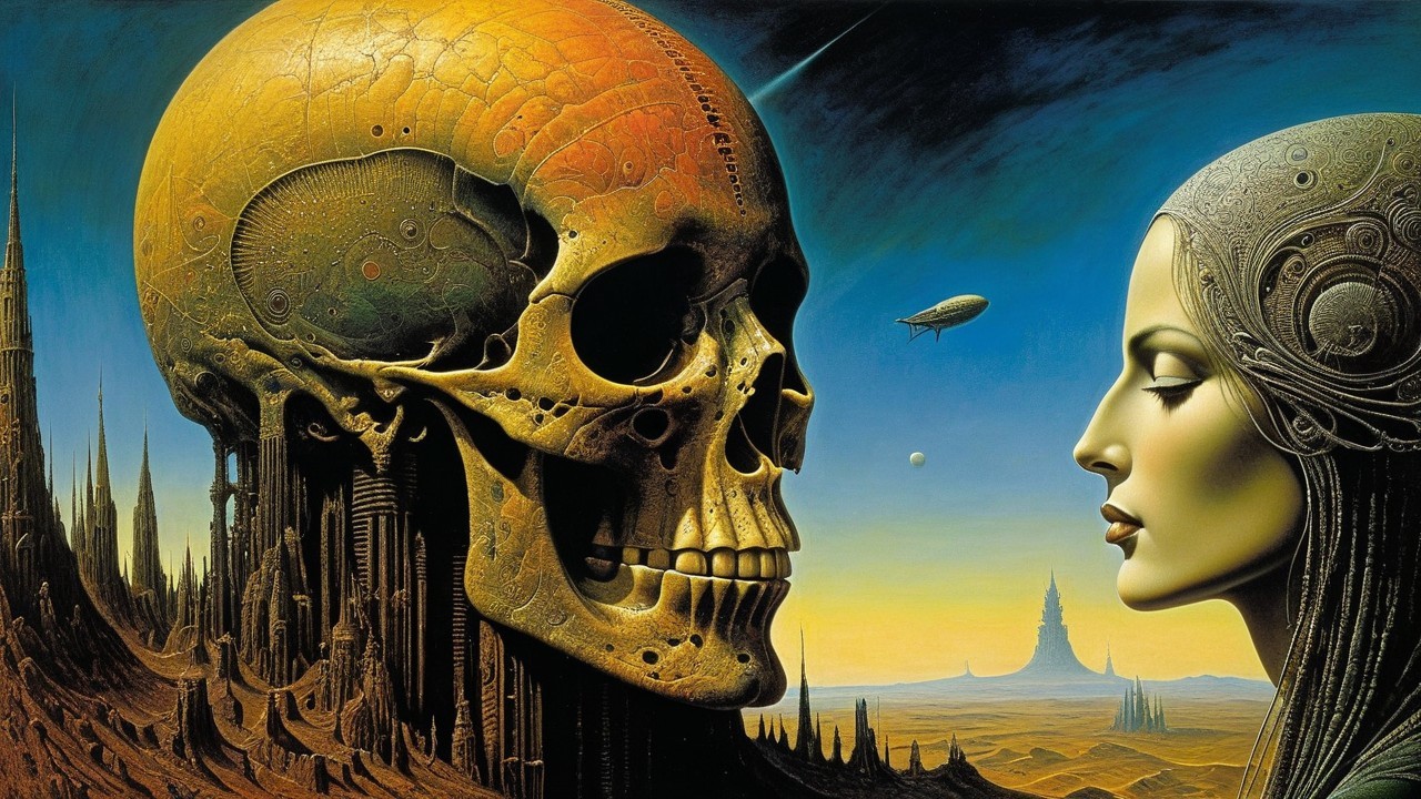 Surreal Landscape with Giant Skull and Futuristic Woman
