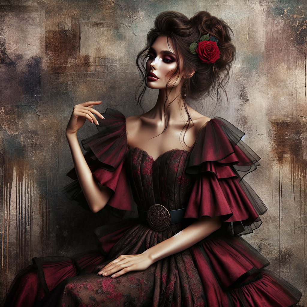 Elegant Woman in Ruffled Burgundy Dress with Rose