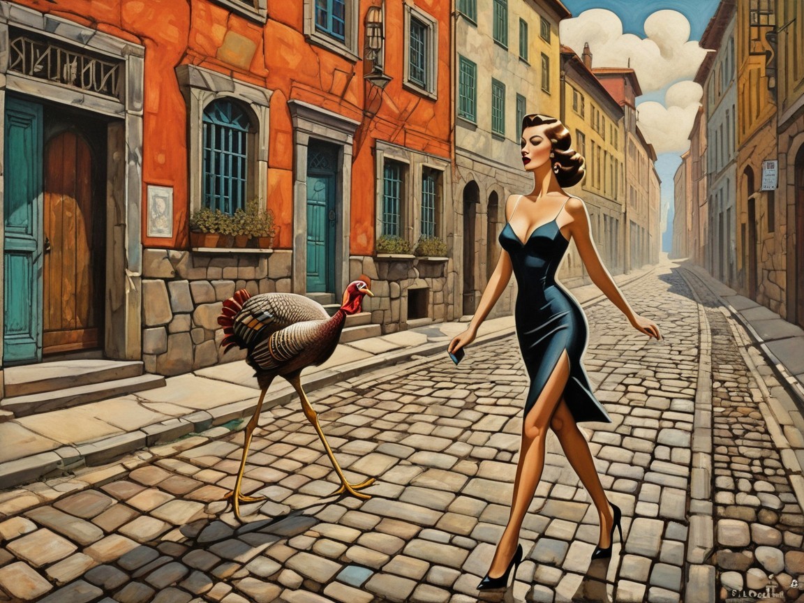Glamorous Woman in Black Dress with Turkey on Street