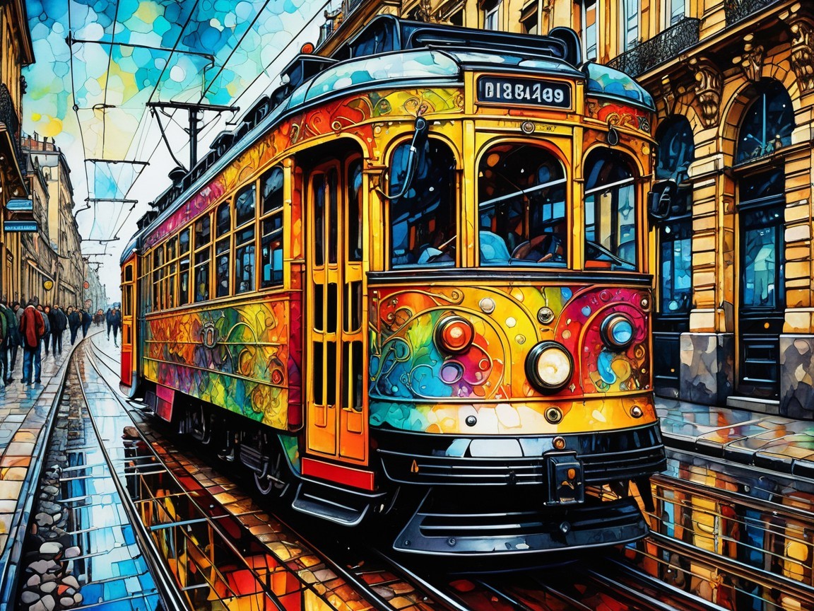 Vibrant Streetcar on a Bustling City Street