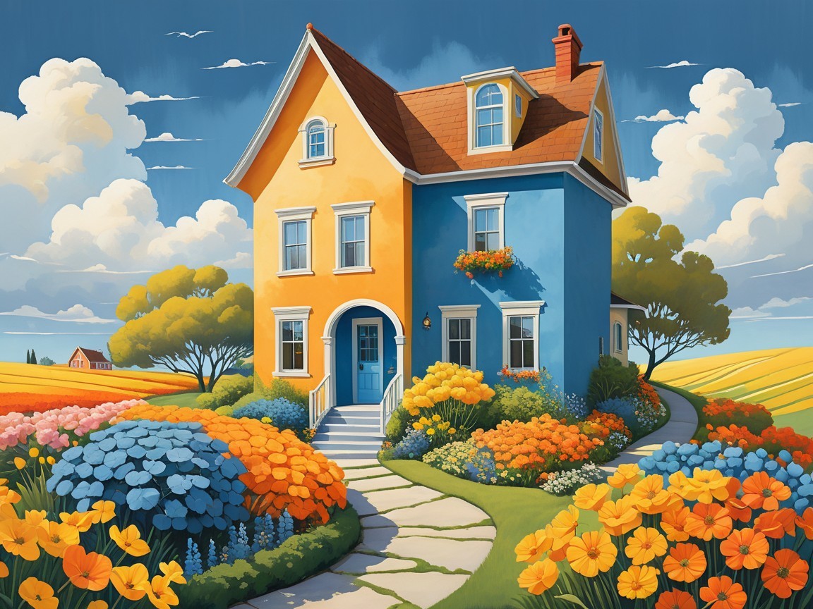 Charming Two-Story House with Colorful Flower Beds