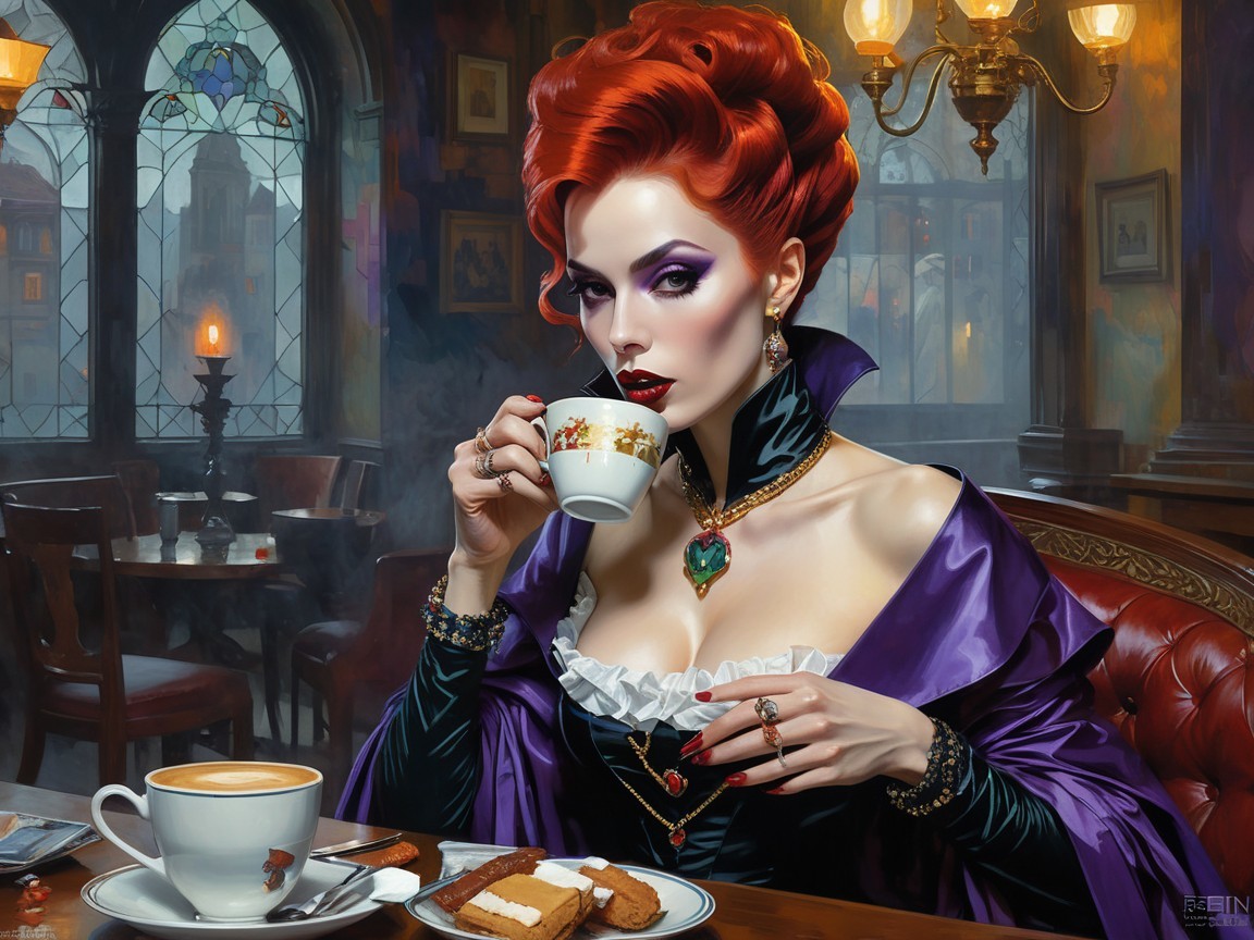Glamorous Woman in Vintage Café with Elegant Decor