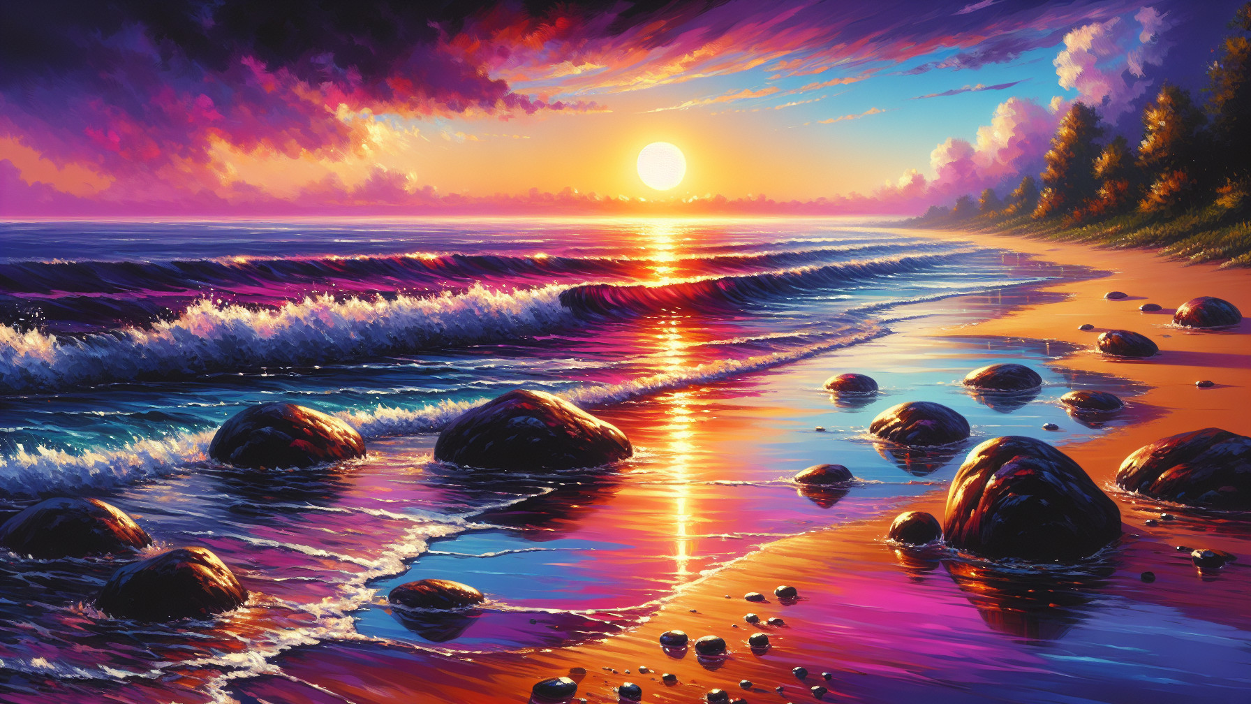 Vivid Sunset Over Coastal Landscape with Gentle Waves