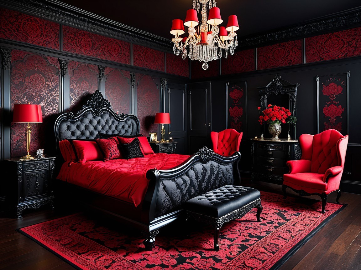 Dramatic Black and Red Bedroom Design Elements