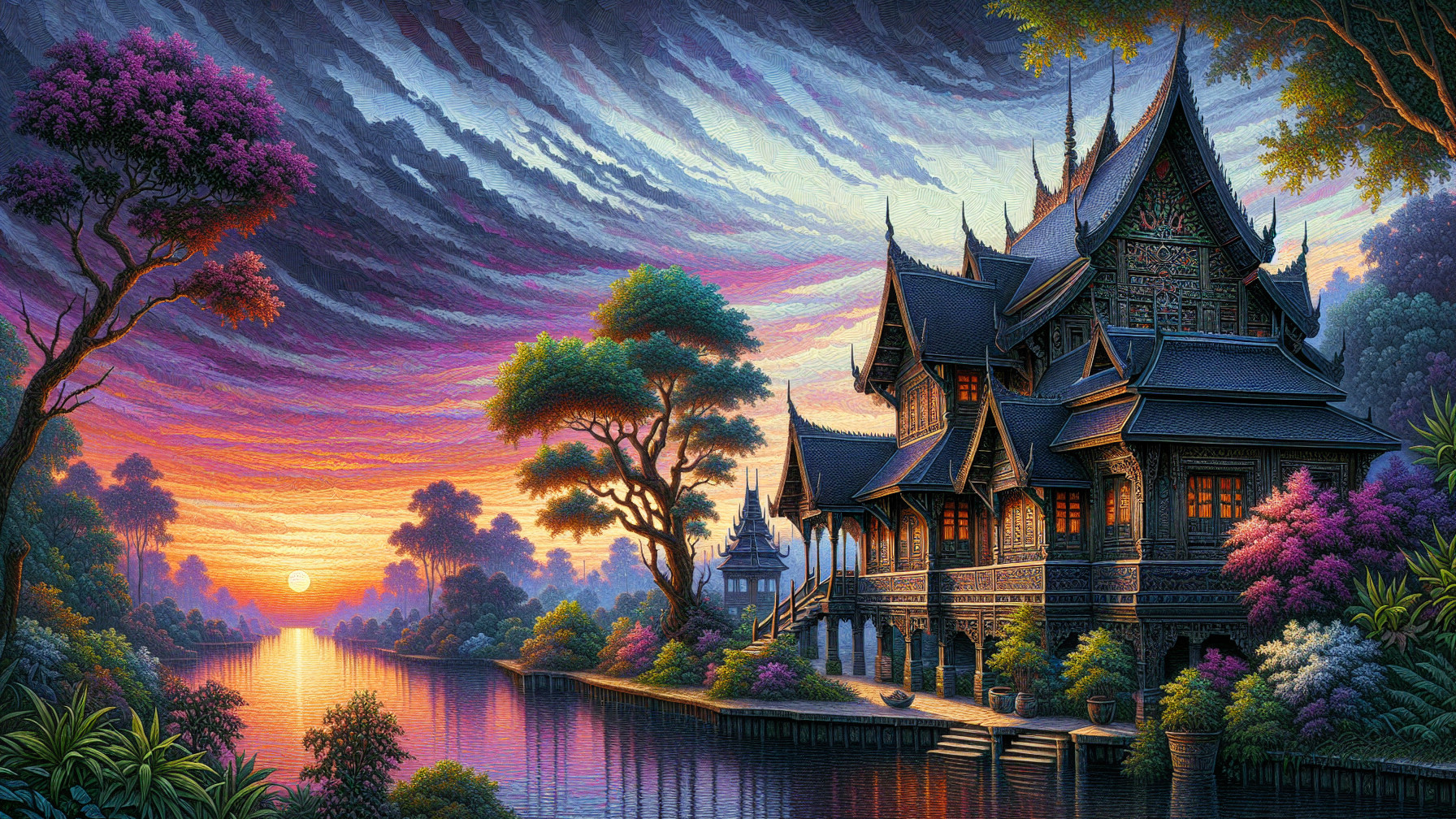 Lakeside Scene with Traditional House and Sunset Colors