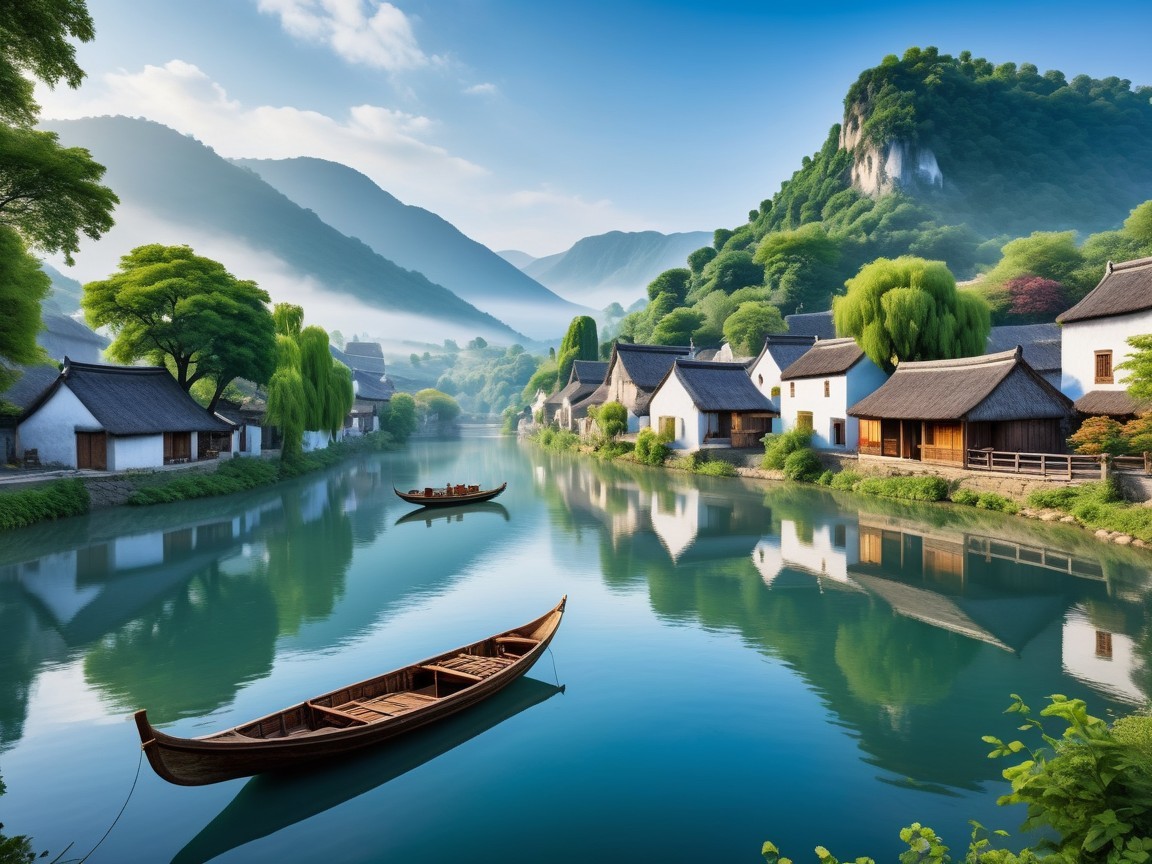 Serene River Landscape with Traditional Houses and Hills