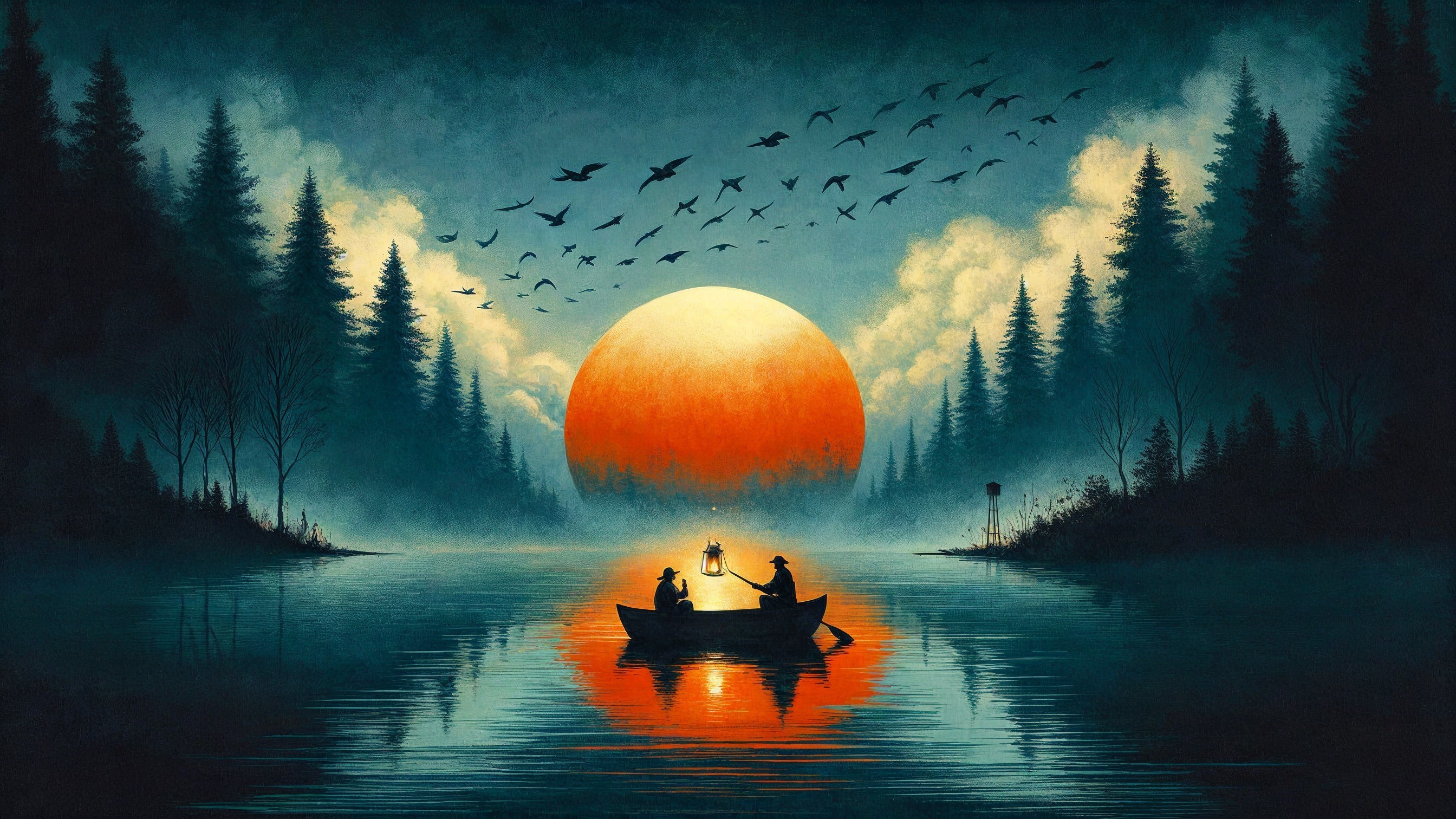 Twilight Scene on a Tranquil Lake with Lantern Light