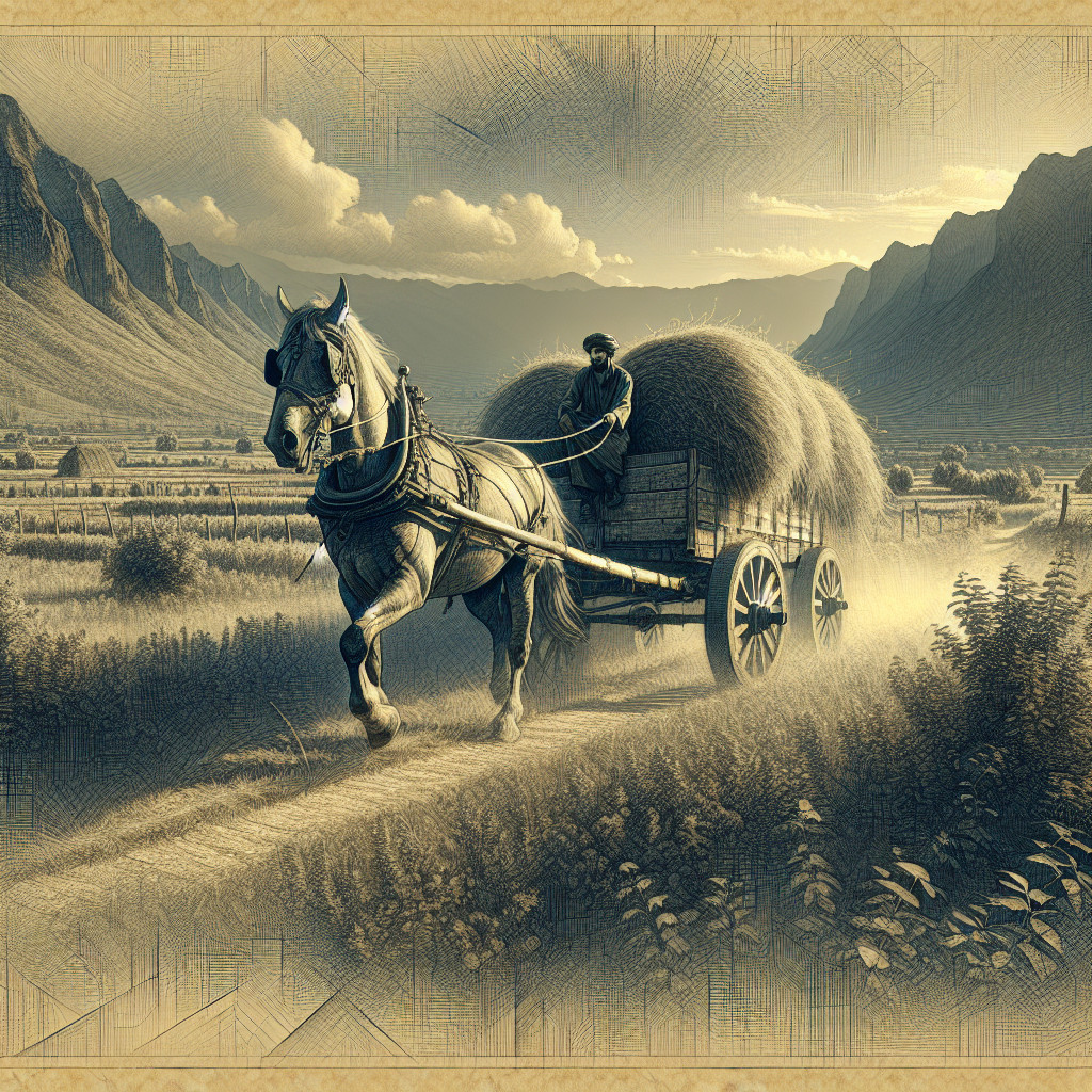 Farmer with Horse-Drawn Cart in Serene Landscape