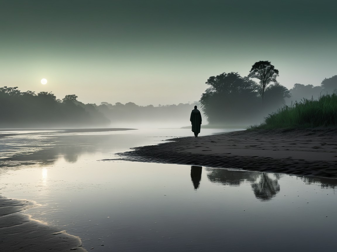 Serene Riverbank Scene at Dawn with Mist and Light