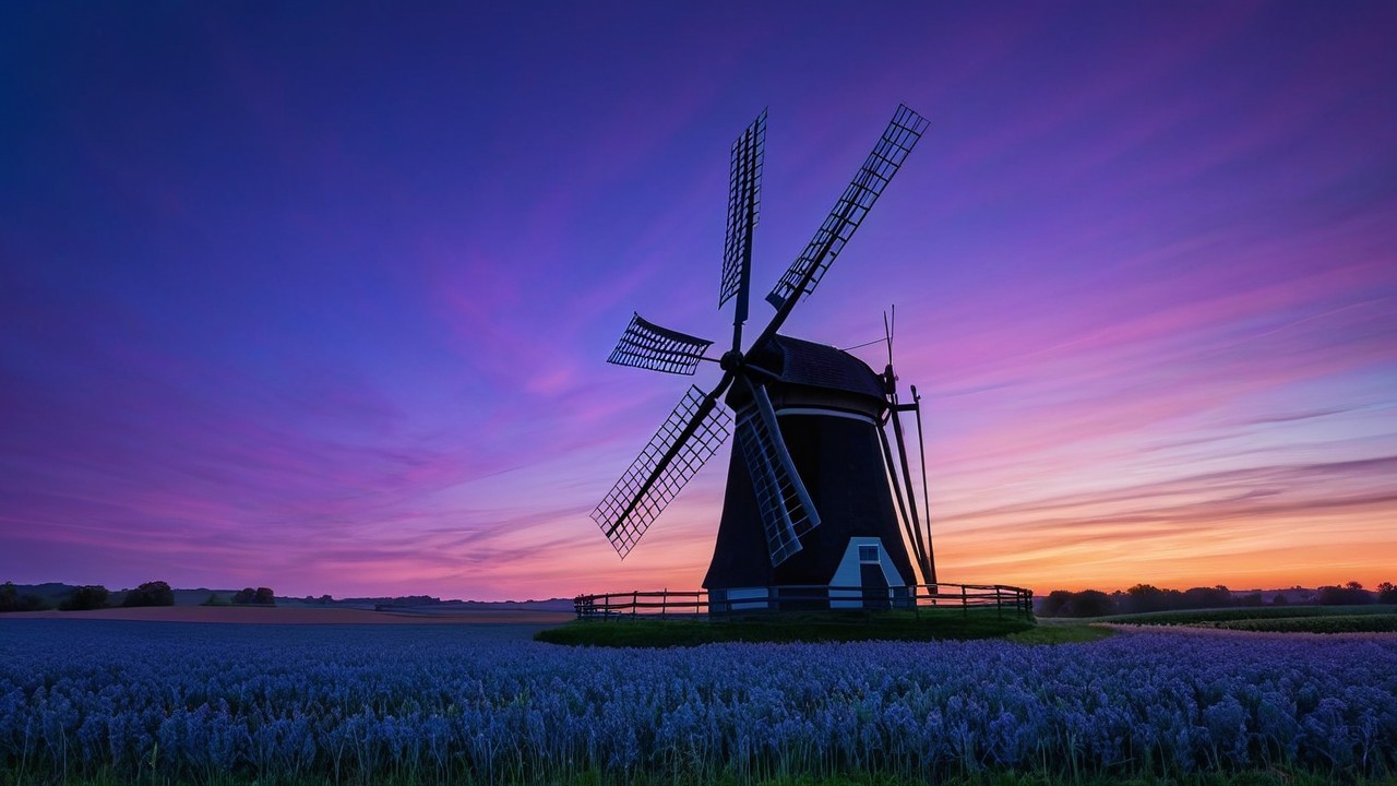 Dusk Scene with Windmill and Lavender Field