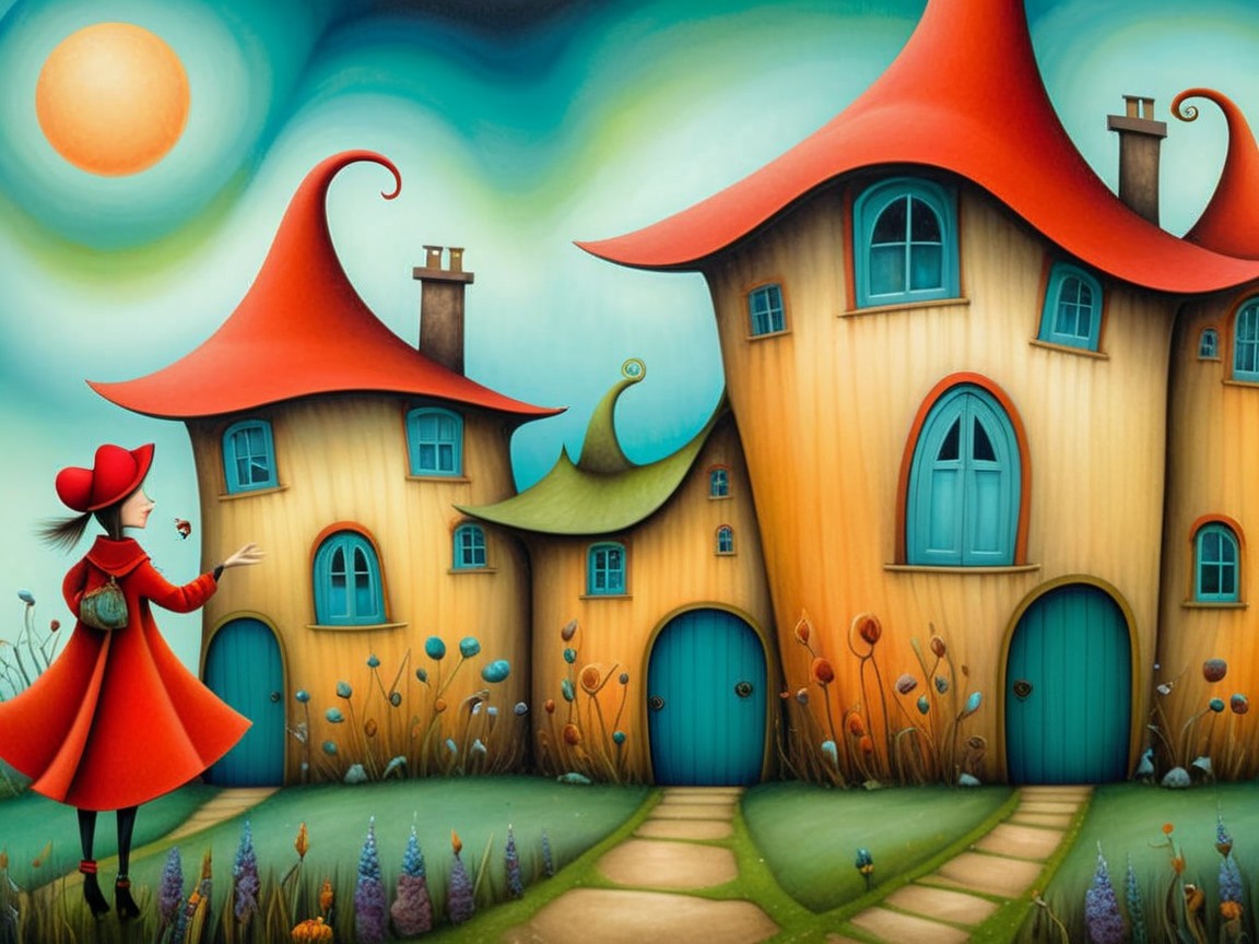 Whimsical Landscape with Oversized Houses and Flowers