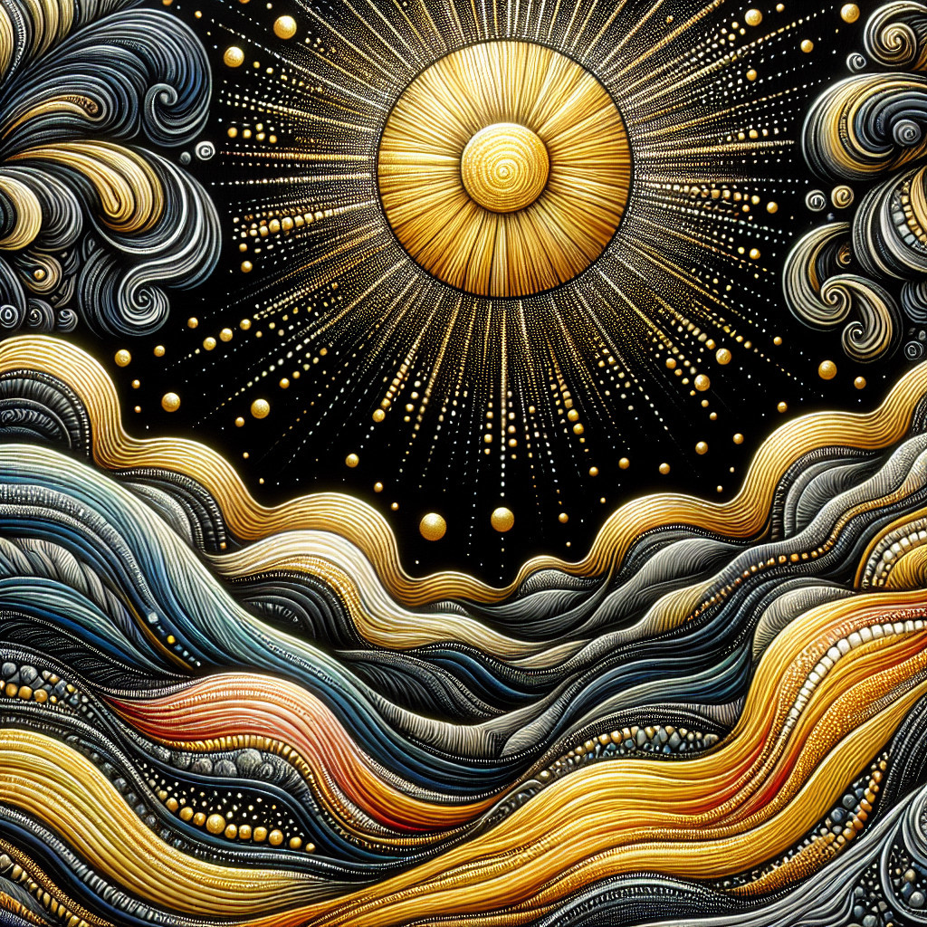 Radiant Sun and Textured Waves in Vibrant Artwork