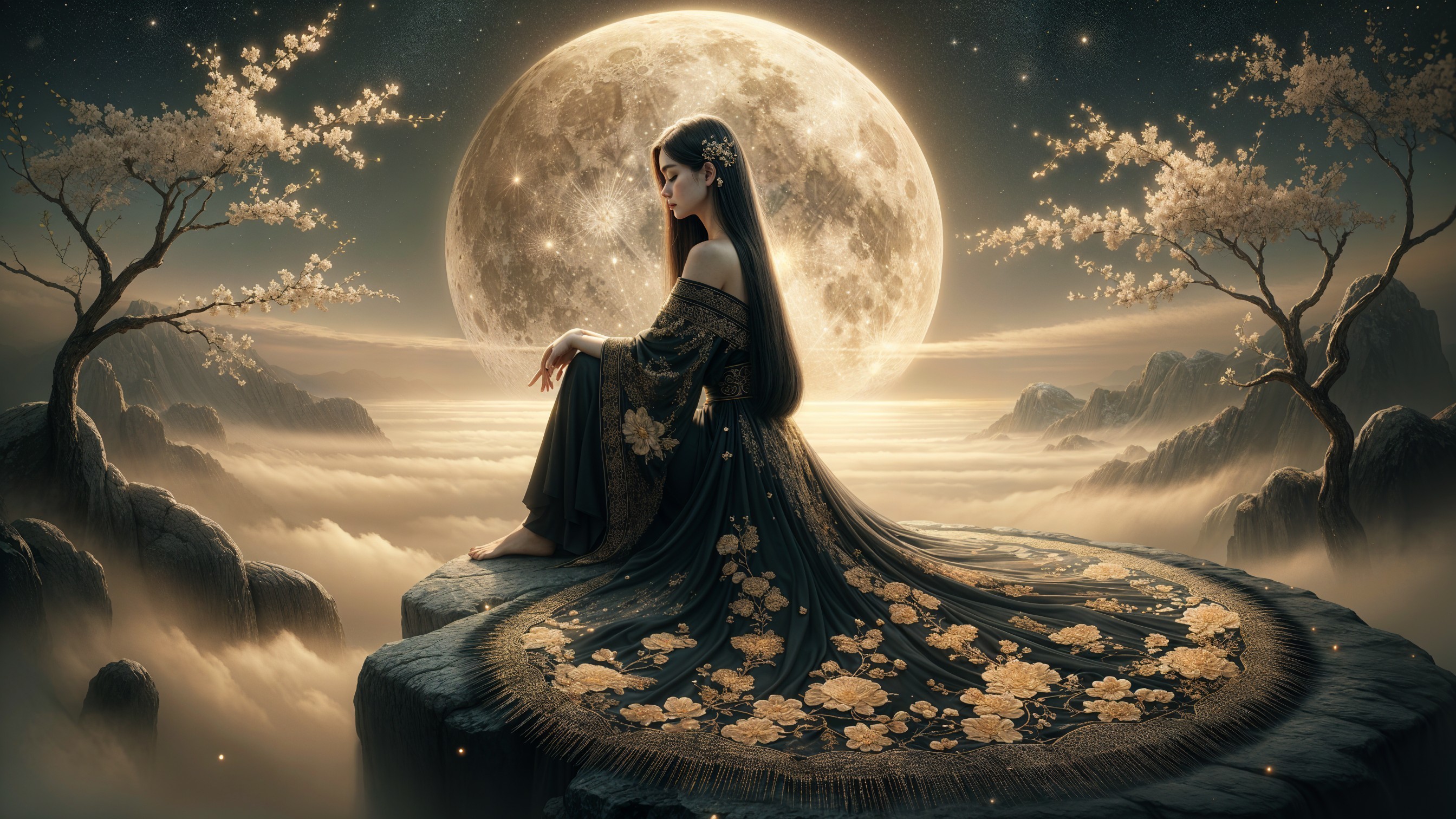 Serene Figure on Cliff Under Luminous Full Moon