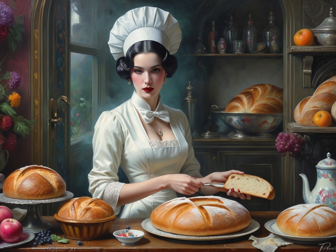 Baker Slicing Bread in Vintage Kitchen Setting