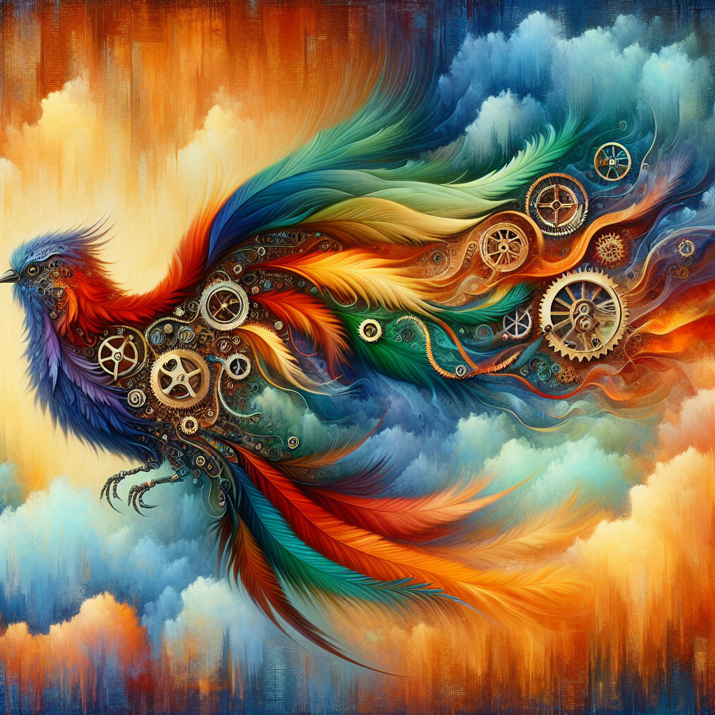 Vibrant Phoenix with Steampunk Elements in Colorful Sky