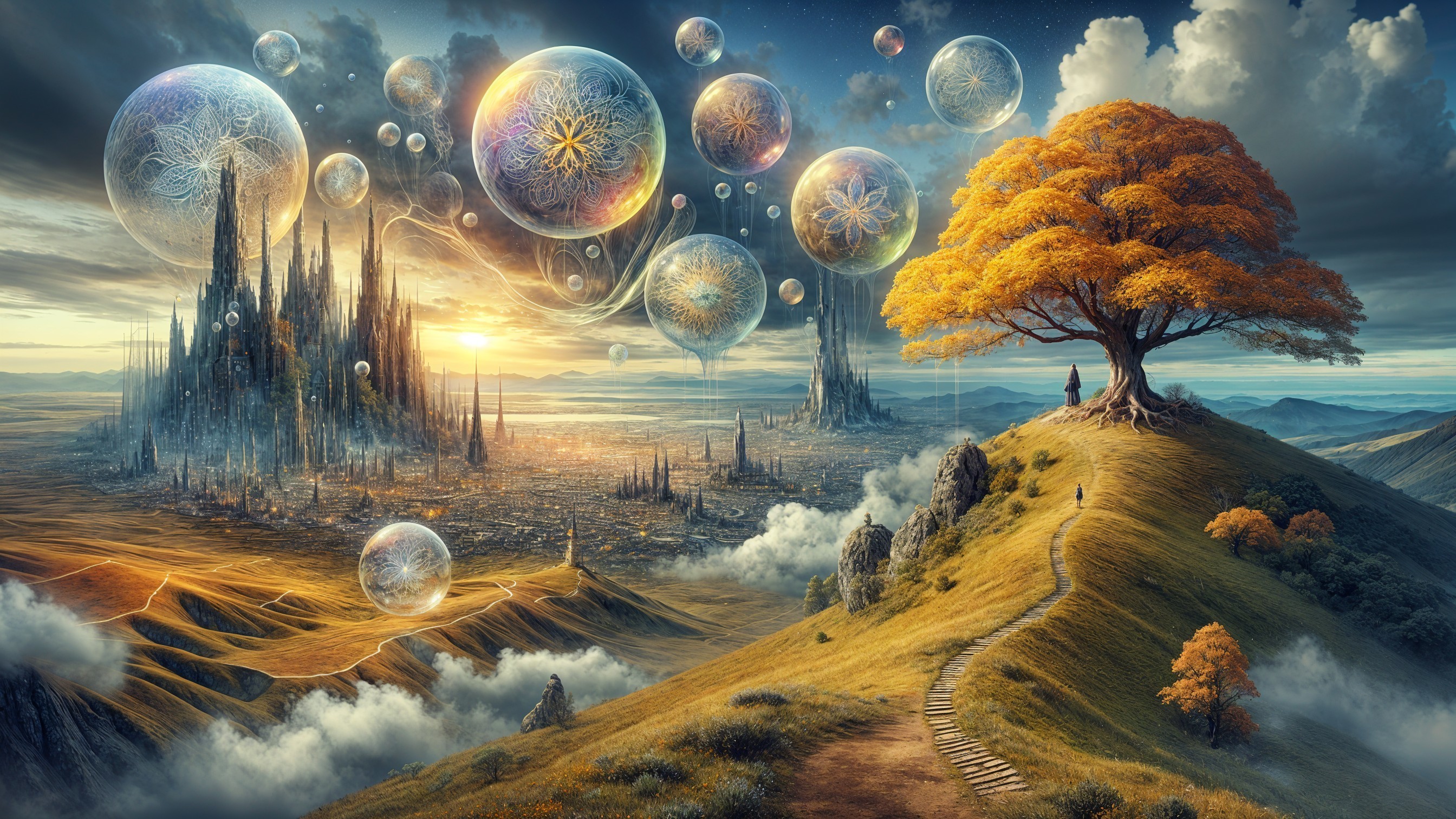 Surreal Landscape with Serene Figure and Distant City