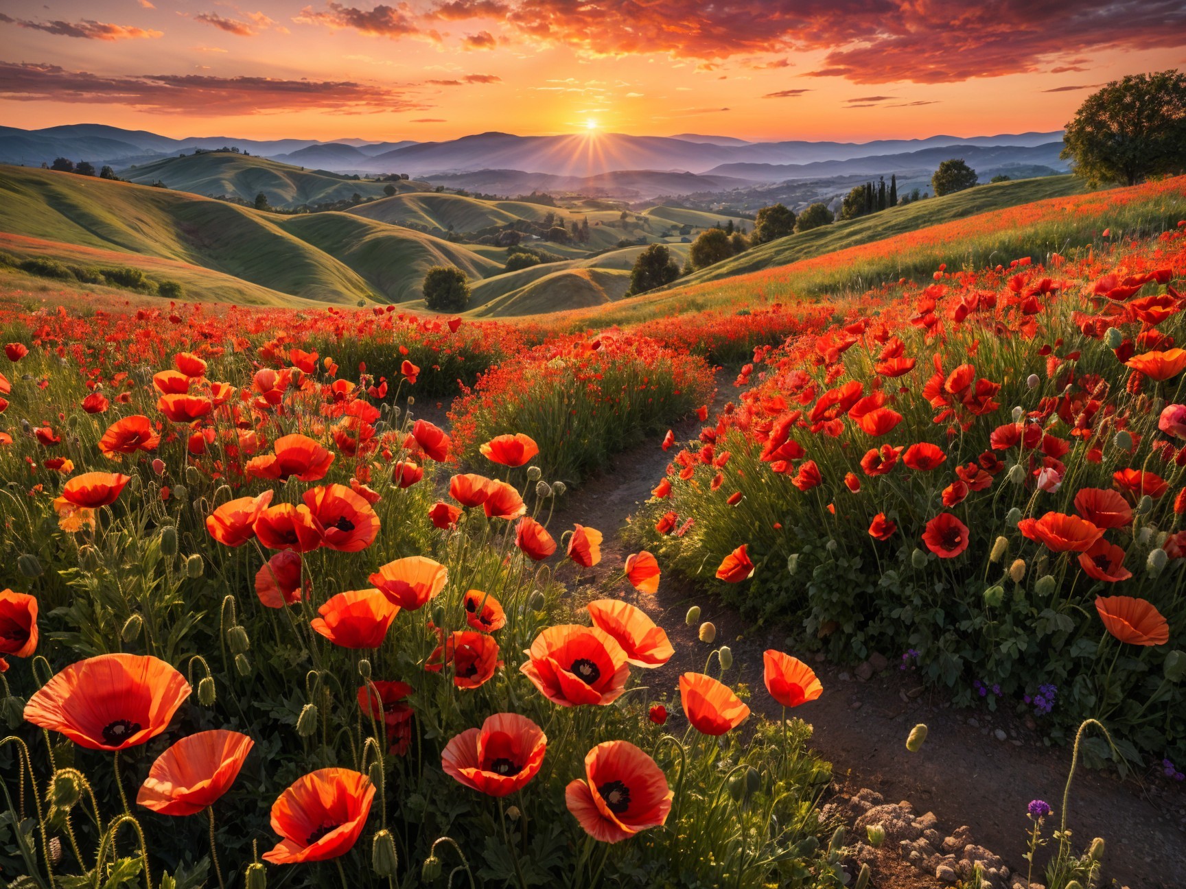 Vibrant Landscape of Red Poppies at Sunset