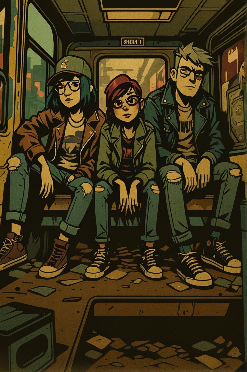 Young Friends in Worn Subway Carriage with Urban Style