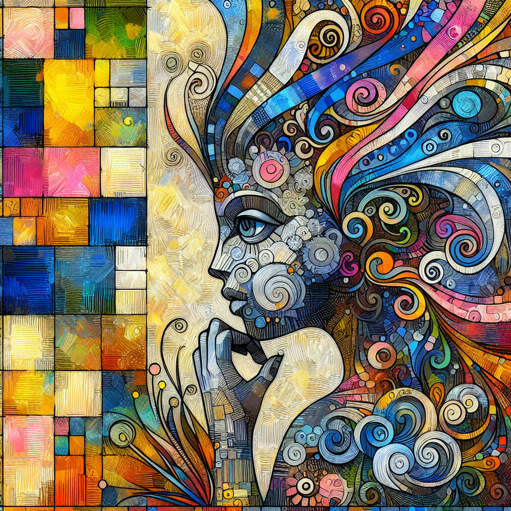 Stylized face with colorful hair and geometric background