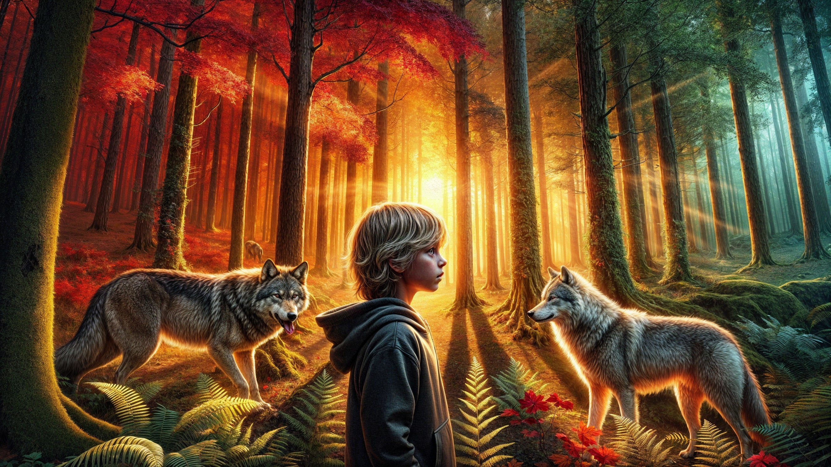 Young Boy with Wolves in Mystical Autumn Forest