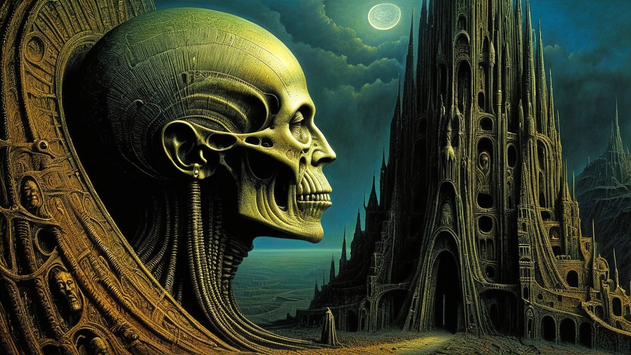Surreal Landscape with Colossal Skeletal Head and Spire