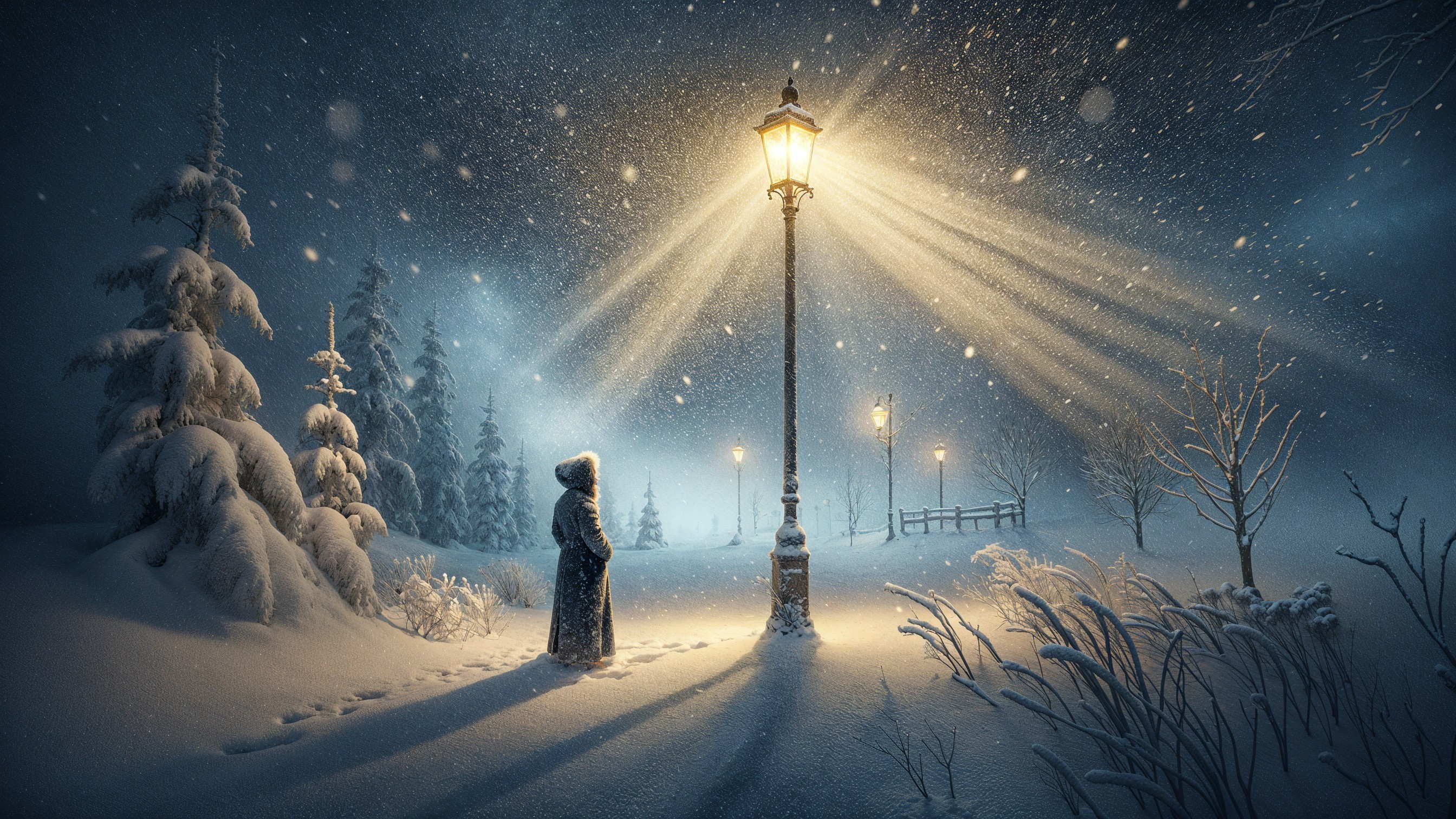 Serene Winter Landscape with Snow and Streetlamp