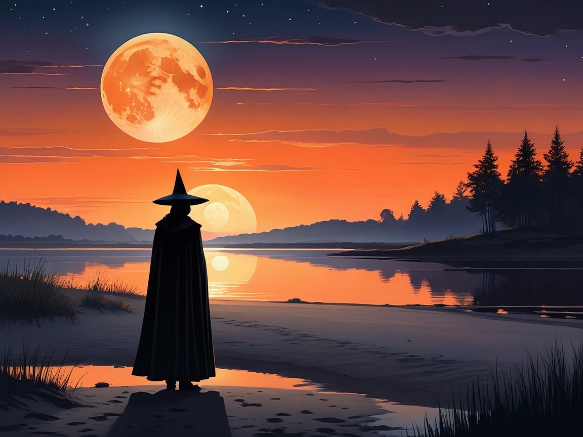 Mysterious Figure by Tranquil Riverside at Dusk