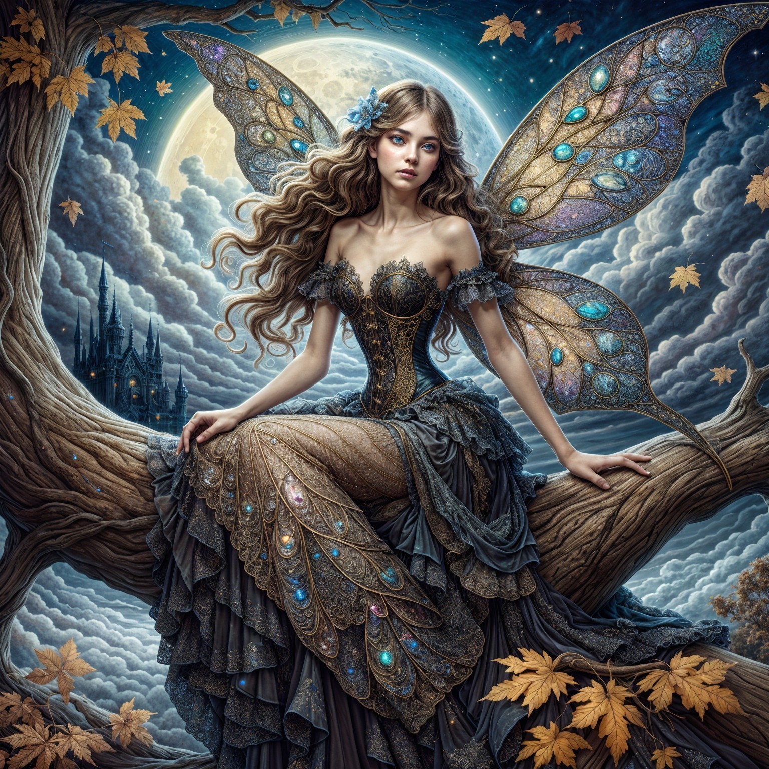 Fairy with Jewel-Studded Wings in Moonlit Setting
