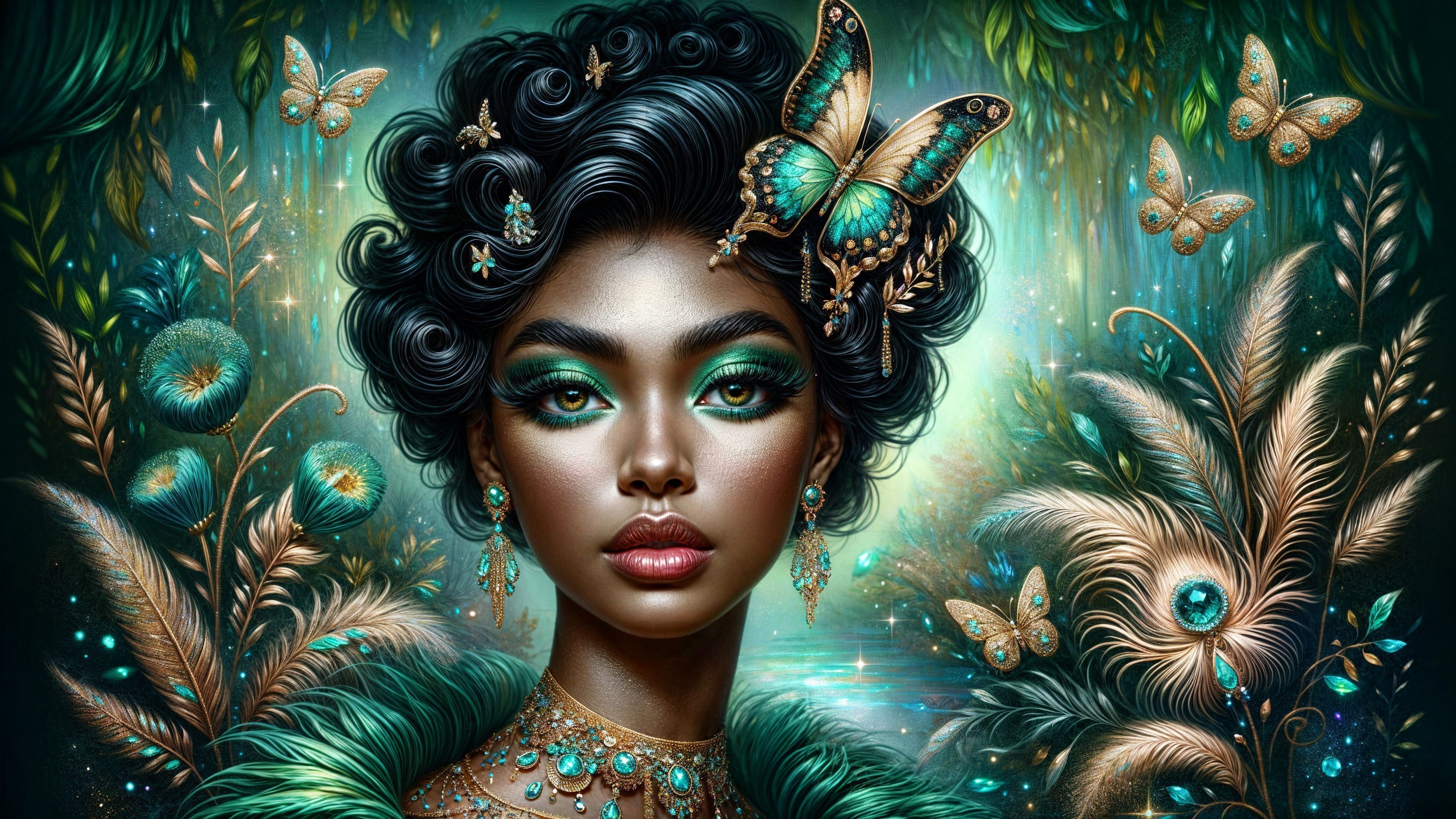 Ethereal Woman with Green Makeup and Nature Elements