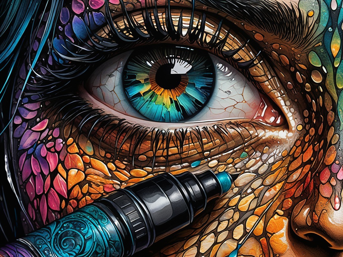 Detailed Eye Surrounded by Colorful Scales and Patterns