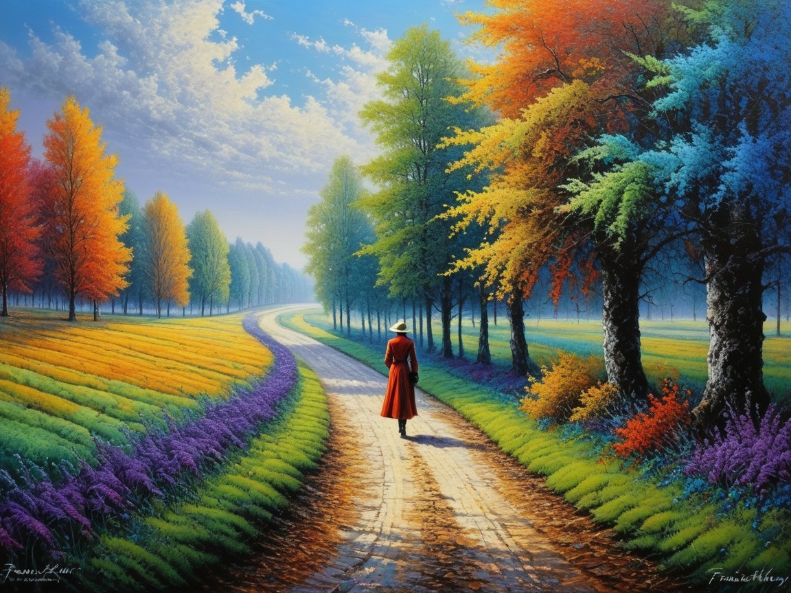 Serene Landscape with Winding Path and Colorful Flora