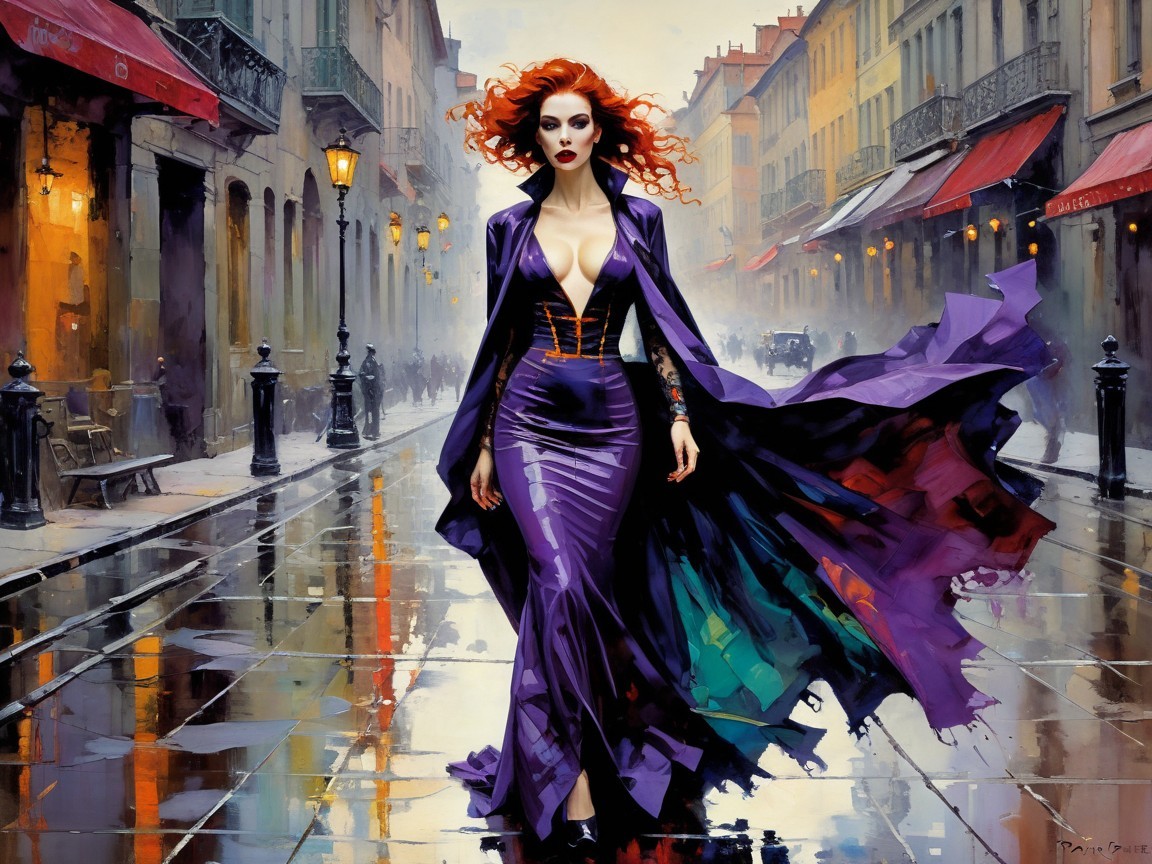 Vibrant Red-Haired Woman in Purple Gown on Rainy Street