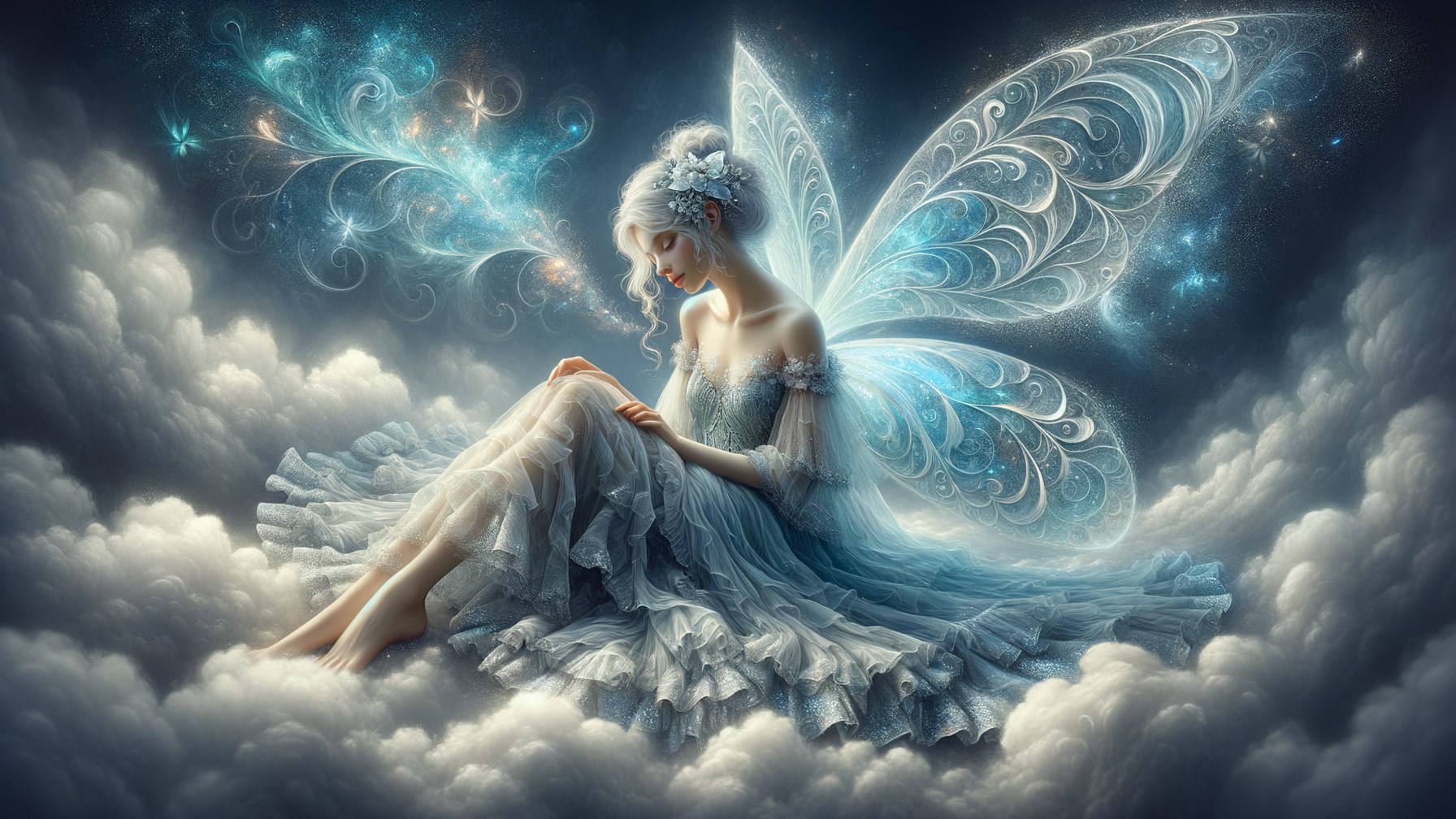 Fairy on Clouds with Shimmering Wings and Gown