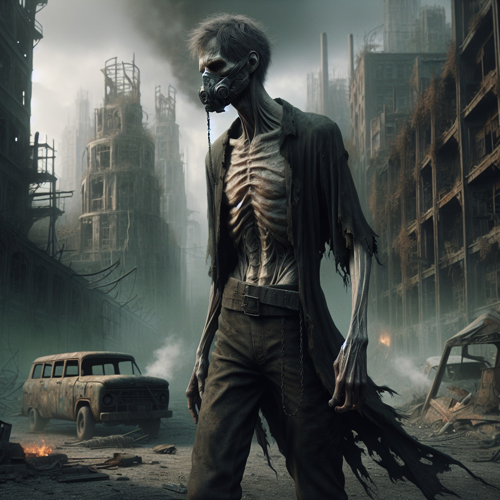 Gaunt Figure in Post-Apocalyptic Urban Landscape