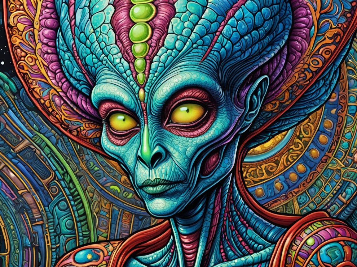 Intricate Alien Figure with Cosmic Background Elements