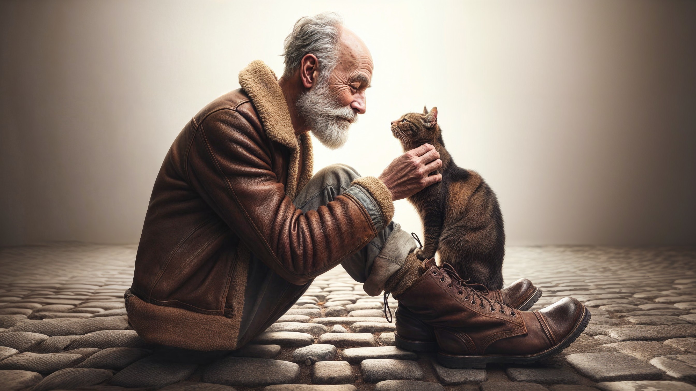 Elderly man kneeling with a brown tabby cat on cobblestones