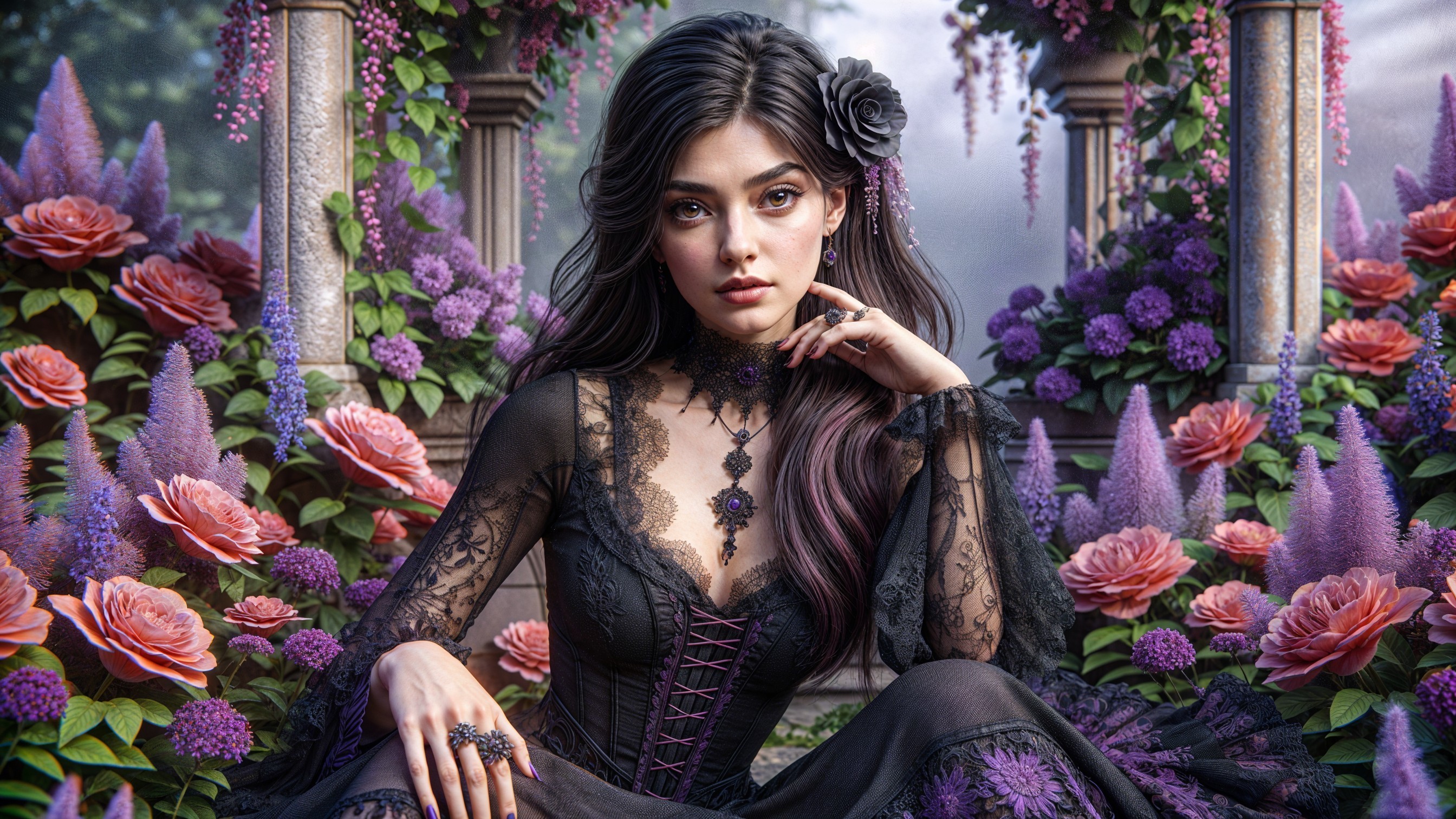 Young Woman in Gothic Setting with Floral Accents