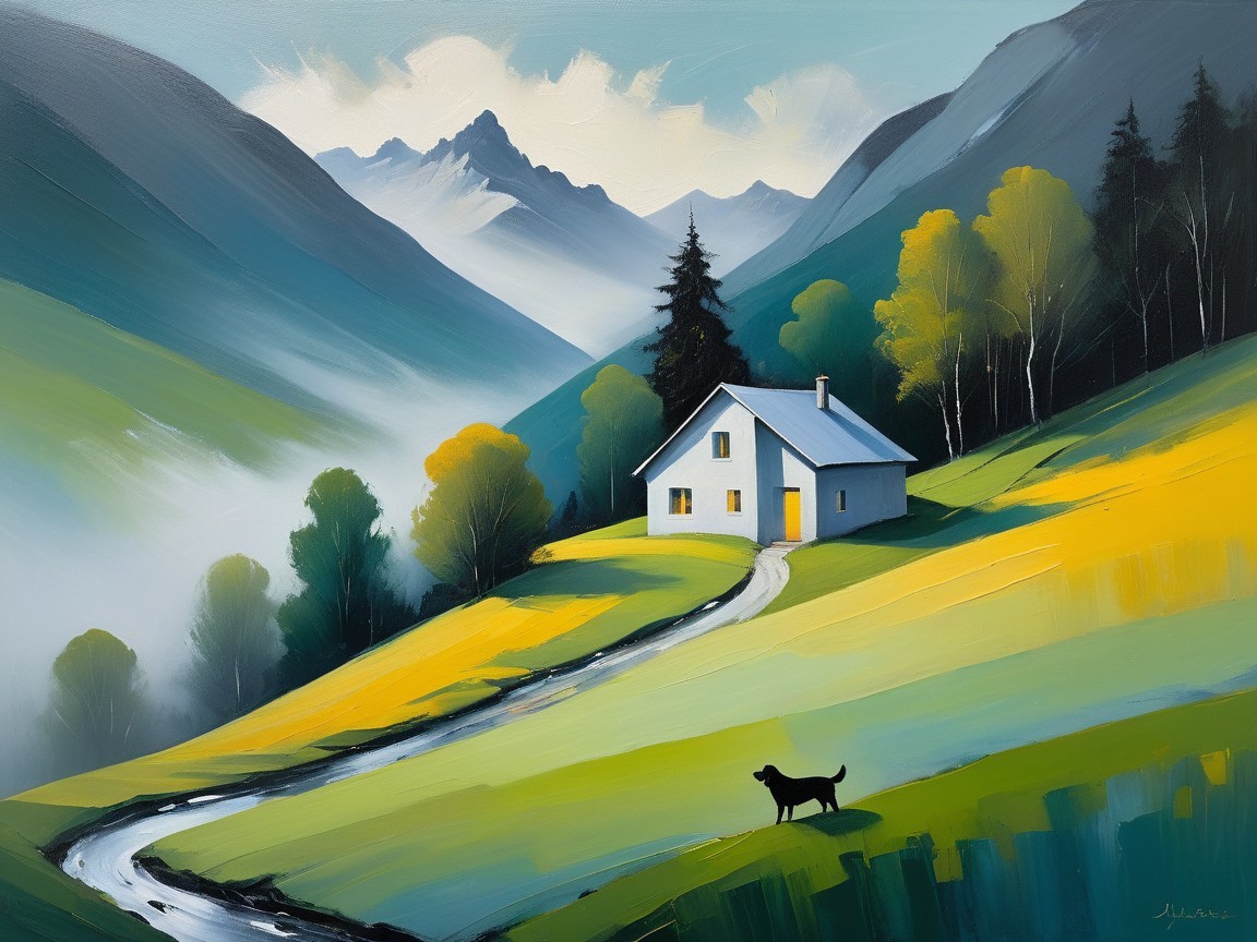 Serene Landscape with White House and Rolling Hills